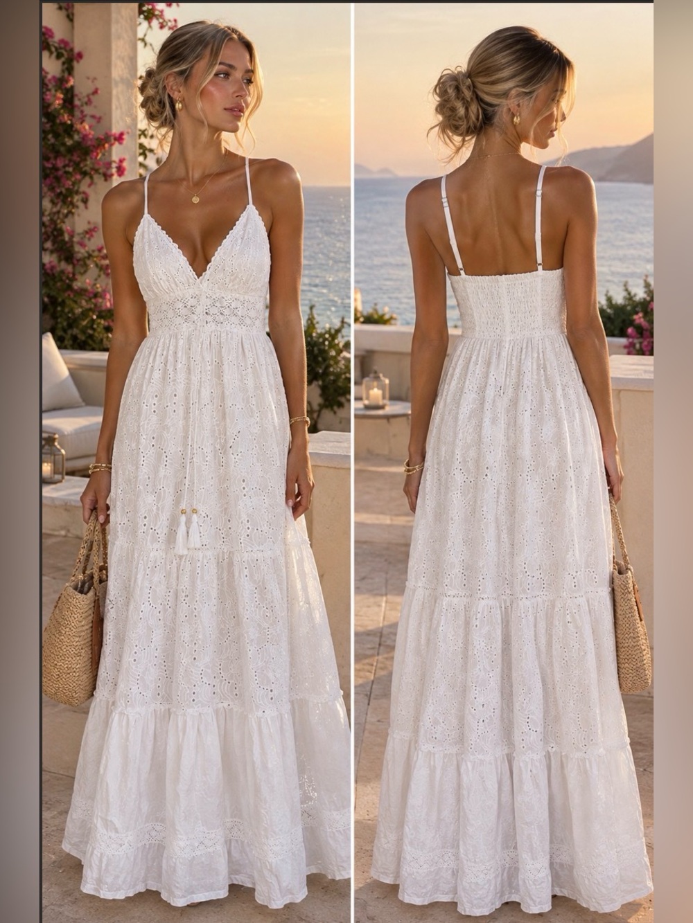 WHITE EYELET LACE BEACH MAXI DRESS NWOT